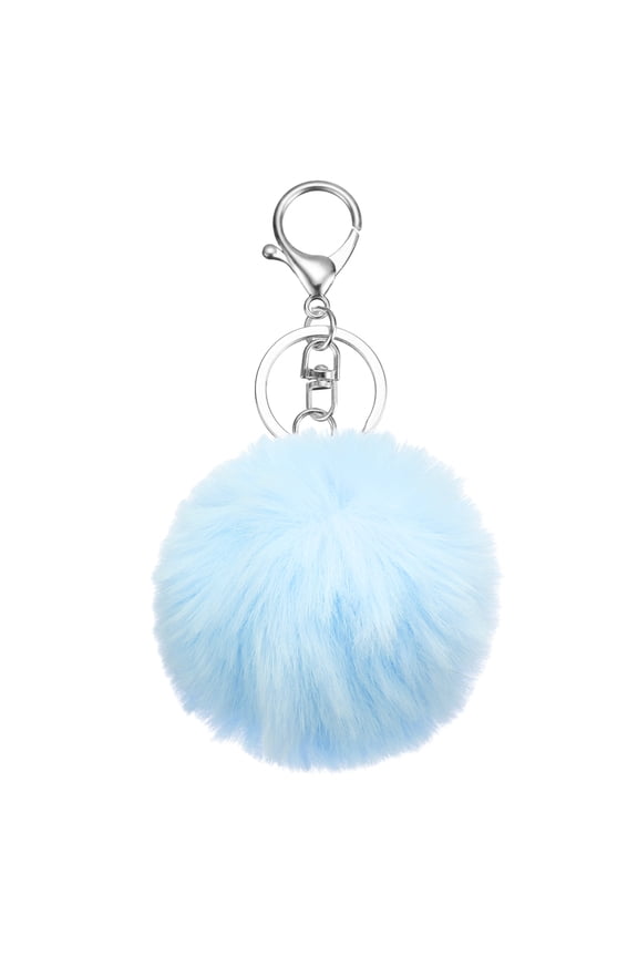 Pom Pom Keychain, 8cm Faux Rabbit Fur Fluffy Pompoms Keyring, Soft Cute Plush Fluffy Ball Keychains for Women Purse Handbag Bag Pendant DIY Crafts, Sky Blue/Silver