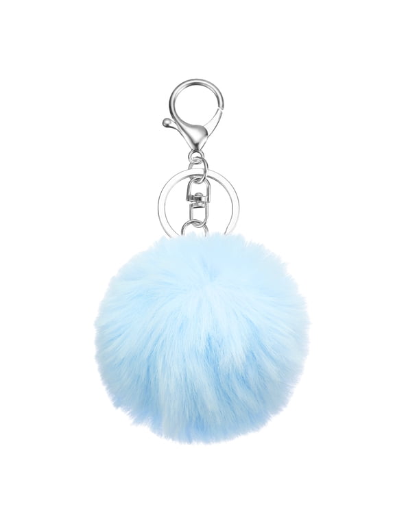 Pom Pom Keychain, 8cm Faux Rabbit Fur Fluffy Pompoms Keyring, Soft Cute Plush Fluffy Ball Keychains for Women Purse Handbag Bag Pendant DIY Crafts, Sky Blue/Silver