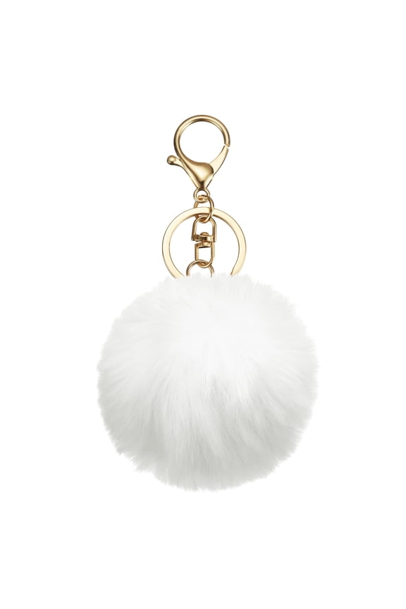 Pom Pom Keychain, 8cm Faux Rabbit Fur Fluffy Pompoms Keyring, Soft Cute Plush Fluffy Ball Keychains for Women Purse Handbag Bag Pendant DIY Crafts, White/Light Gold