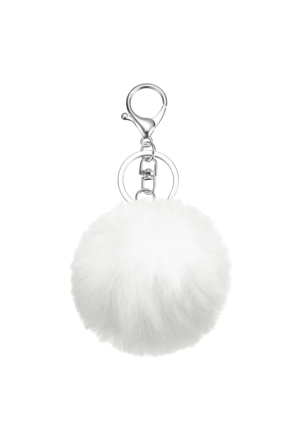 Pom Pom Keychain, 8cm Faux Rabbit Fur Fluffy Pompoms Keyring, Soft Cute Plush Fluffy Ball Keychains for Women Purse Handbag Bag Pendant DIY Crafts, White/Silver