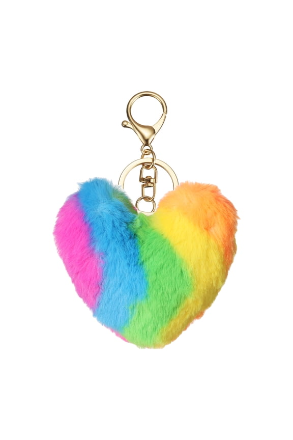 Pom Pom Keychain, 9cm Faux Rabbit Fur Fluffy Pompoms Keyring, Soft Cute Plush Fluffy Heart Keychains for Women Purse Handbag Bag Pendant DIY Crafts, Twill Colorful
