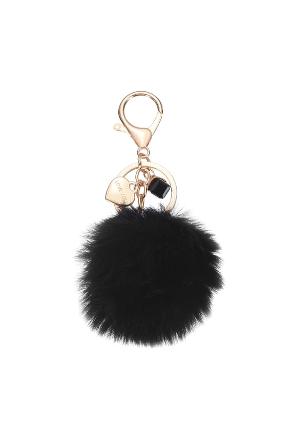 Pom Pom Keychain, Cute Fluffy Fuzzy Ball Keychains Faux Fur Plush Pompoms Key Ring with Heart Pendant for Women Gift Bag Handbag Purse Tote Charm Car Key Accessories, Black