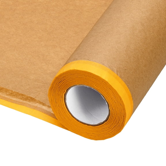 Uxcell Pre-Taped Masking Paper, 24" x 49 ft Paint Adhesive Protective Paper Painter Tape and Drape for Masking Auto Body Covering Wall Skirting Frames, Yellow