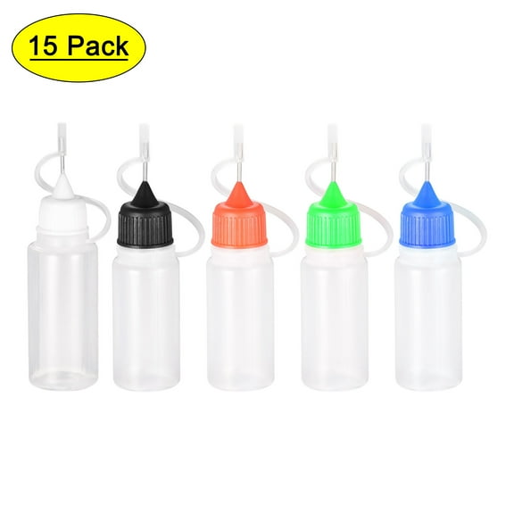 Uxcell Precision Needle Tip Plastic Applicator Bottle 10ml with 5 Colors Cap, 15 Count