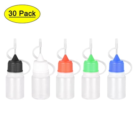 Uxcell Precision Needle Tip Plastic Applicator Bottle 5ml with 5 Colors Cap, 30 Count