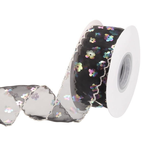 Uxcell Print Ribbon, 10 Yards 1.6 Inch Sequined Flower Print Transparent Ribbons Bulk for DIY Sewing Making Craft Gift Wrapping Wreath Decor Hair Bow Supply, Black