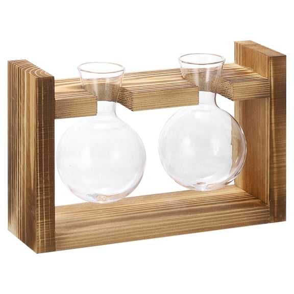 Uxcell Propagation Vases for Plants with Wooden Stand, Glass Vase, Wood Color (2 Bulb)