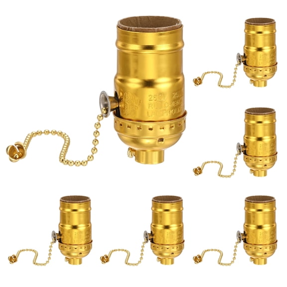 Uxcell Pull Chain Lamp Socket 6 Pack - UL Listed E26 Standard Threaded Base Light Socket with Chain 8" (On/Off) Light Bulb Fixture Replacement for Table Floor Lamps, Gold