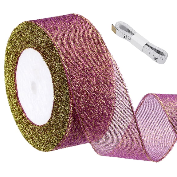 Uxcell Purple Glitter Ribbon (25 Yards, 1-4/7" Wide) with Gold Thread Sparkly Metallic Fabric Ribbons - Sparkly Practical, for Gift Wrapping Balloons Crafts DIY Decor Holiday