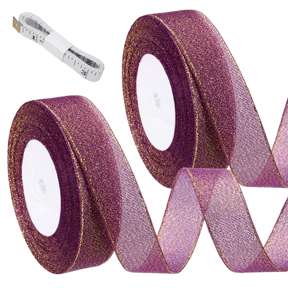 Uxcell Purple Glitter Ribbon (25 Yards, 1" Wide) with Gold Thread Sparkly Metallic Fabric Ribbons - Sparkly Practical, for Gift Wrapping Balloons Crafts DIY Decor Holiday