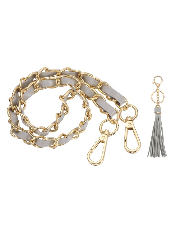 Purse Chain Strap, 23.6 Inch PU Leather Chain Flat Purse Handles Replacement DIY Chain Strap with Tassel for Handbag Shoulder Bag Totes, Grey