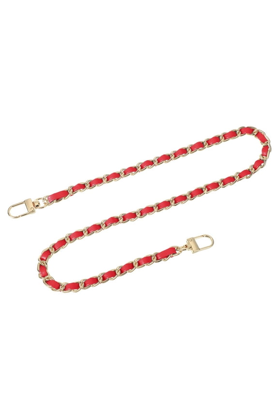 Purse Chain Strap, 24" Leather Iron Flat Chain Strap Handbag Chains Purse Straps with Buckles for Shoulder Bags Replacement Strap (Red Strap + Gold Chain)