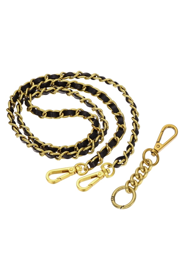 Purse Chain Strap, 35.4 Inch PU Leather Purse Straps Replacement Crossbody Flat Woven Handbag Strap with Extended Chain for Shoulder Crossbody Clutch, Gold/Black