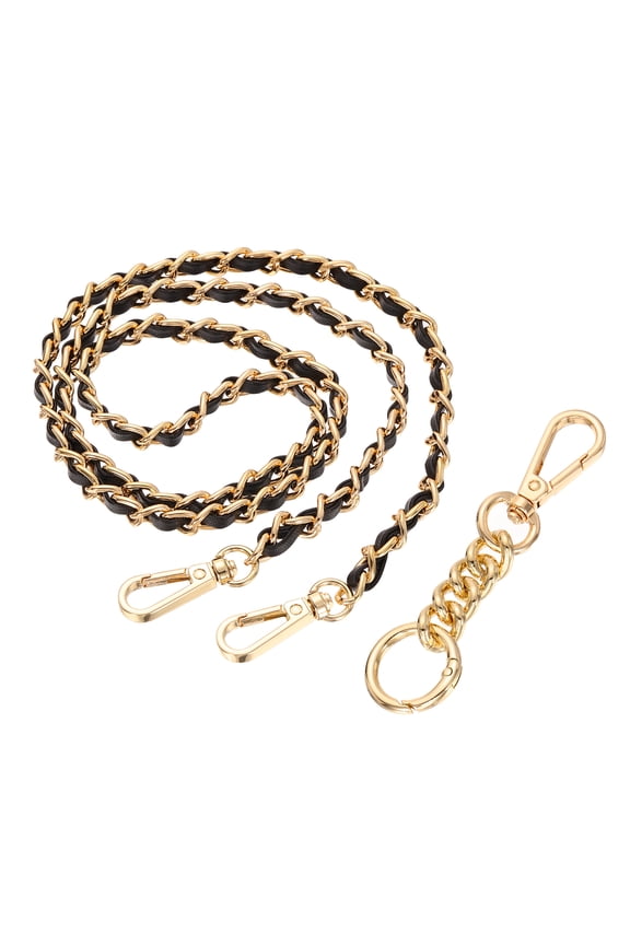 Purse Chain Strap, 35.4 Inch PU Leather Purse Straps Replacement Crossbody Flat Woven Handbag Strap with Extended Chain for Shoulder Crossbody Clutch, Light Gold/Black