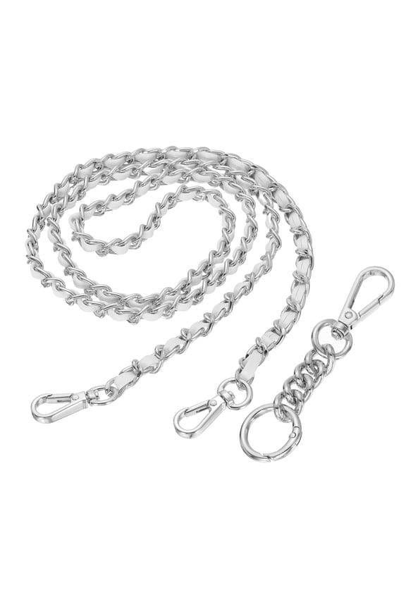 Purse Chain Strap, 35.4 Inch PU Leather Purse Straps Replacement Crossbody Flat Woven Handbag Strap with Extended Chain for Shoulder Crossbody Clutch, Silver/White