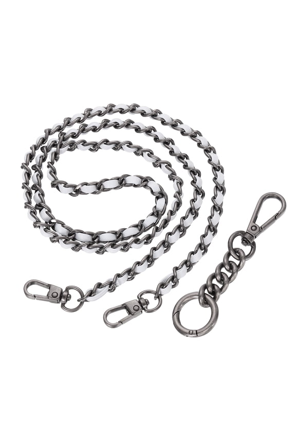 Purse Chain Strap, 35.4 Inch PU Leather Purse Straps Replacement Crossbody Flat Woven Handbag Strap with Extended Chain for Shoulder Crossbody Clutch, Vintage Silver/White