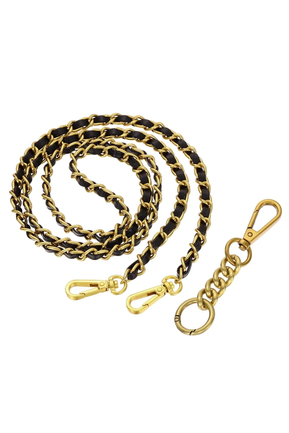 Purse Chain Strap, 47.2 Inch PU Leather Purse Straps Replacement Crossbody Flat Woven Handbag Strap with Extended Chain for Shoulder Crossbody Clutch, Gold/Black