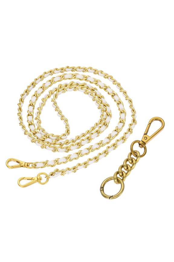 Purse Chain Strap, 47.2 Inch PU Leather Purse Straps Replacement Crossbody Flat Woven Handbag Strap with Extended Chain for Shoulder Crossbody Clutch, Gold/White