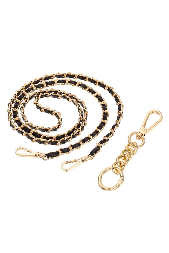 Purse Chain Strap, 47.2 Inch PU Leather Purse Straps Replacement Crossbody Flat Woven Handbag Strap with Extended Chain for Shoulder Crossbody Clutch, Light Gold/Black