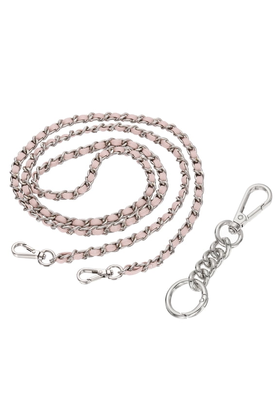 Purse Chain Strap, 47.2 Inch PU Leather Purse Straps Replacement Crossbody Flat Woven Handbag Strap with Extended Chain for Shoulder Crossbody Clutch, Silver/Pink