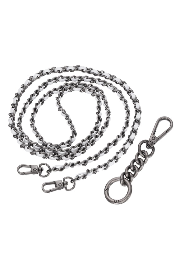 Purse Chain Strap, 47.2 Inch PU Leather Purse Straps Replacement Crossbody Flat Woven Handbag Strap with Extended Chain for Shoulder Crossbody Clutch, Vintage Silver/White