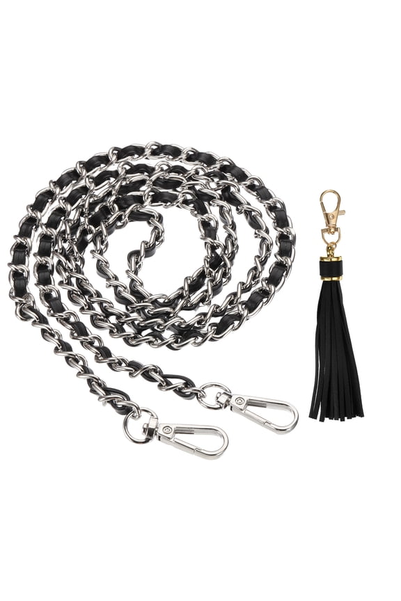Purse Chain Strap, 47 Inch Leather Chain Straps Purse Strap Replacement Flat Chain Strap with Tassel for Crossbody Bag Handbag Woman, Black/Silver