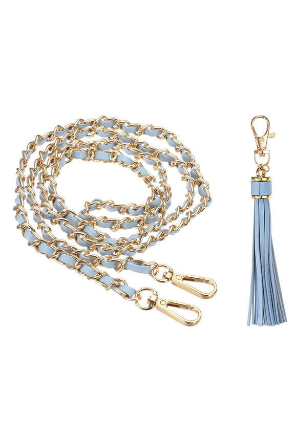 Purse Chain Strap, 47 Inch Leather Chain Straps Purse Strap Replacement Flat Chain Strap with Tassel for Crossbody Bag Handbag Woman, Light Blue/Gold