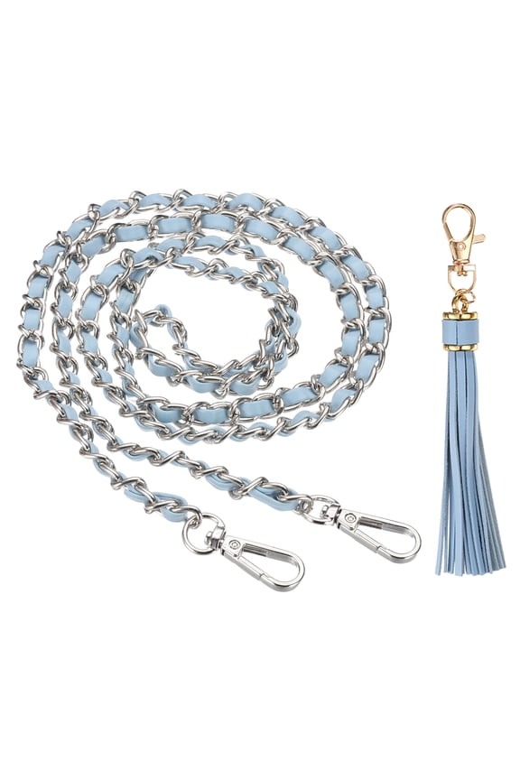 Purse Chain Strap, 47 Inch Leather Chain Straps Purse Strap Replacement Flat Chain Strap with Tassel for Crossbody Bag Handbag Woman, Light Blue/Silver