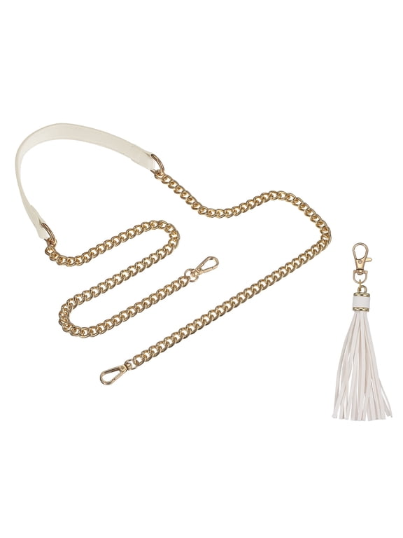 Purse Chain Strap, Purse Strap Replacement 47" Beige White/Gold PU Leather Metal Chain Straps with Beige Tassel Set Lightweight Stylish Accessory for Crossbody Shoulder Handbag Bag Women