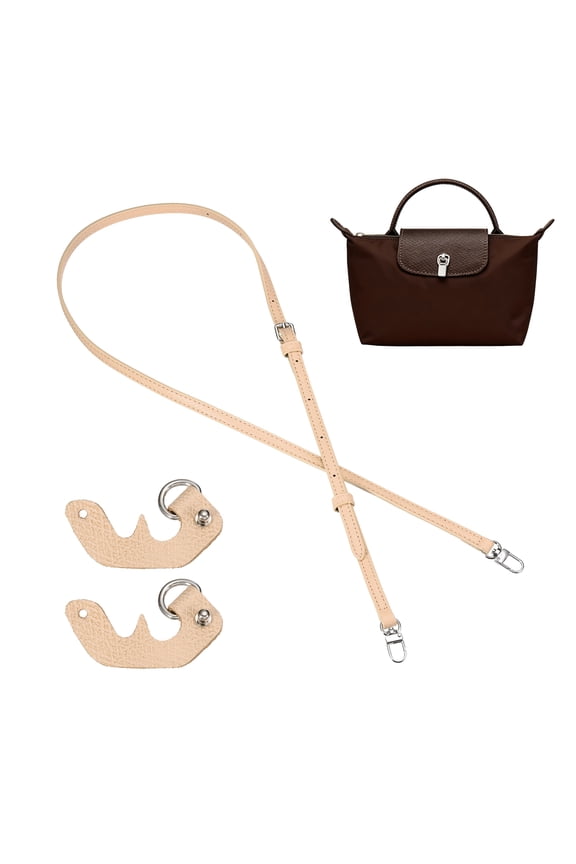 Purse Straps Replacement, 0.4" Adjustable Leather Strap Crossbody Handbag Shoulder Strap Conversion Kit for Mini Pouch, Handcrafted Bag Accessories, Light Brown Silver