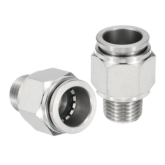 Uxcell Push to Connect Fitting, 2 Pcs 304 Stainless Steel Male Straight 1/2" Tube OD x 1/4" NPT Thread