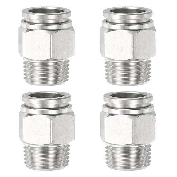 Uxcell Push to Connect Fitting, Stainless Steel Male Straight 1/2" Tube OD x 3/8" NPT Thread 4 Pcs
