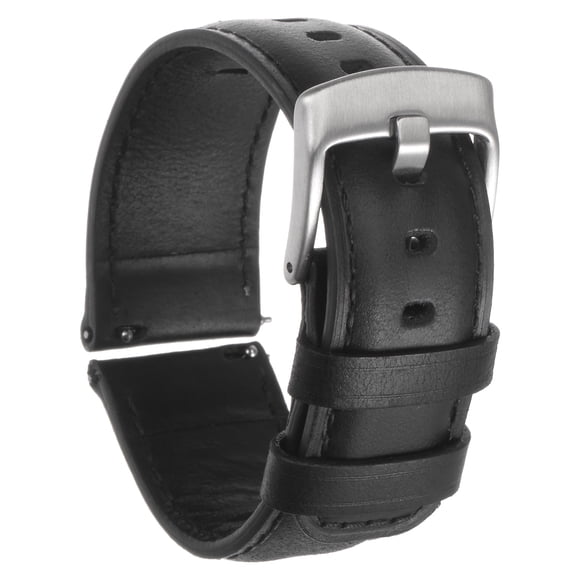 Quick Release Grain Leather Watch Band 22mm Width Black Silver Tone