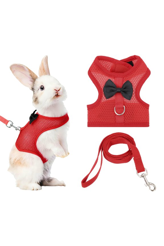 Rabbit Harness and Leash, Small Pet Cute Vest Harness Leash Soft Adjustable Buckle Breathable Mesh (S, Red) for Bunny Kitten Small Pig Puppies Camping Hiking Training