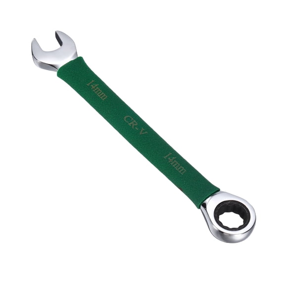 Uxcell Ratcheting Combination Wrench 14mm Stubby Wrench Metric Steel Double 12-Point Box Open-Ended Ratchet Spanner Tool for Household Garage Workshop Auto Repairs, Green
