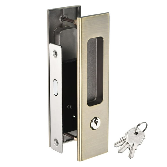 Uxcell Recessed Invisible Sliding Door Lock Handle Barn Pocket Door Lock with Keys, Bronze