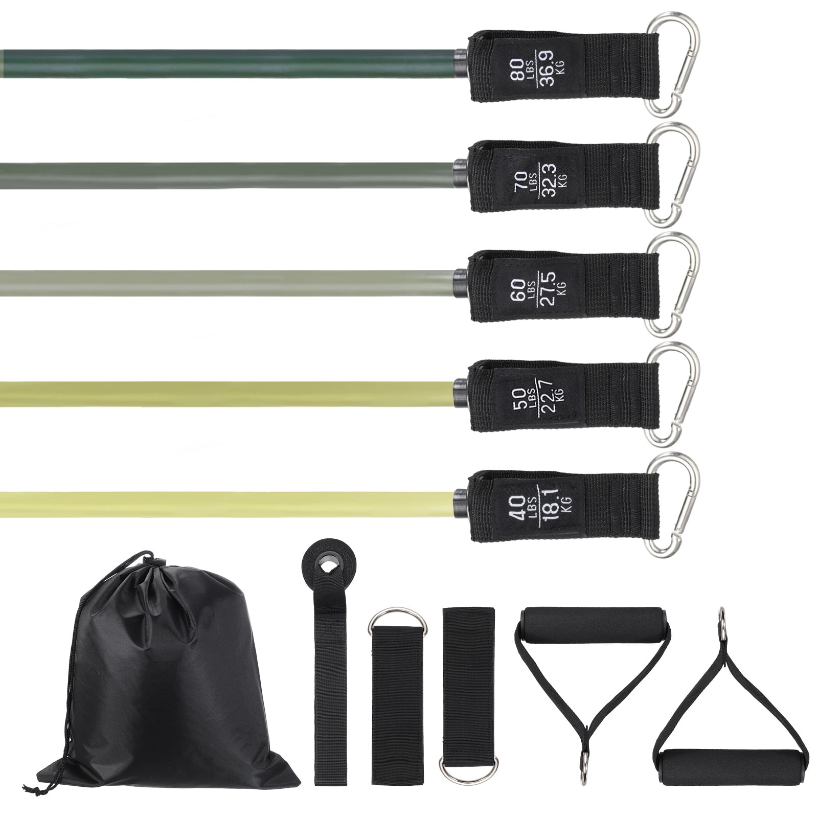 Uxcell Resistance Bands Set, 5 Level Exercise Bands for Working Out with Door Anchor/Handle/Ankle Strap/Pouch, 300LB & Army Green- Fitting For(Women & Men Home/Gym Train/Yoga)