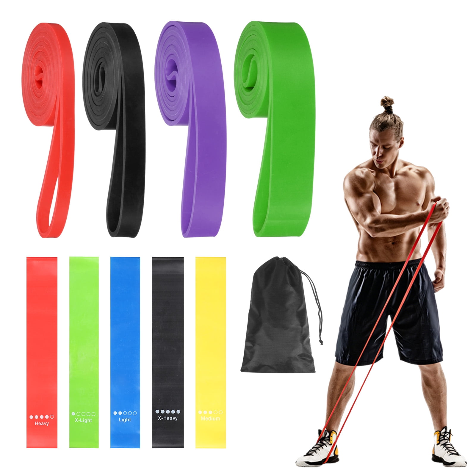 Uxcell Resistance Bands for Working Out, 4 Levels Pull Up Assistance Bands with Carry Bag & Mini Resistance Straps 4 Pcs & Red/Black/Purple/Green/Multicolor