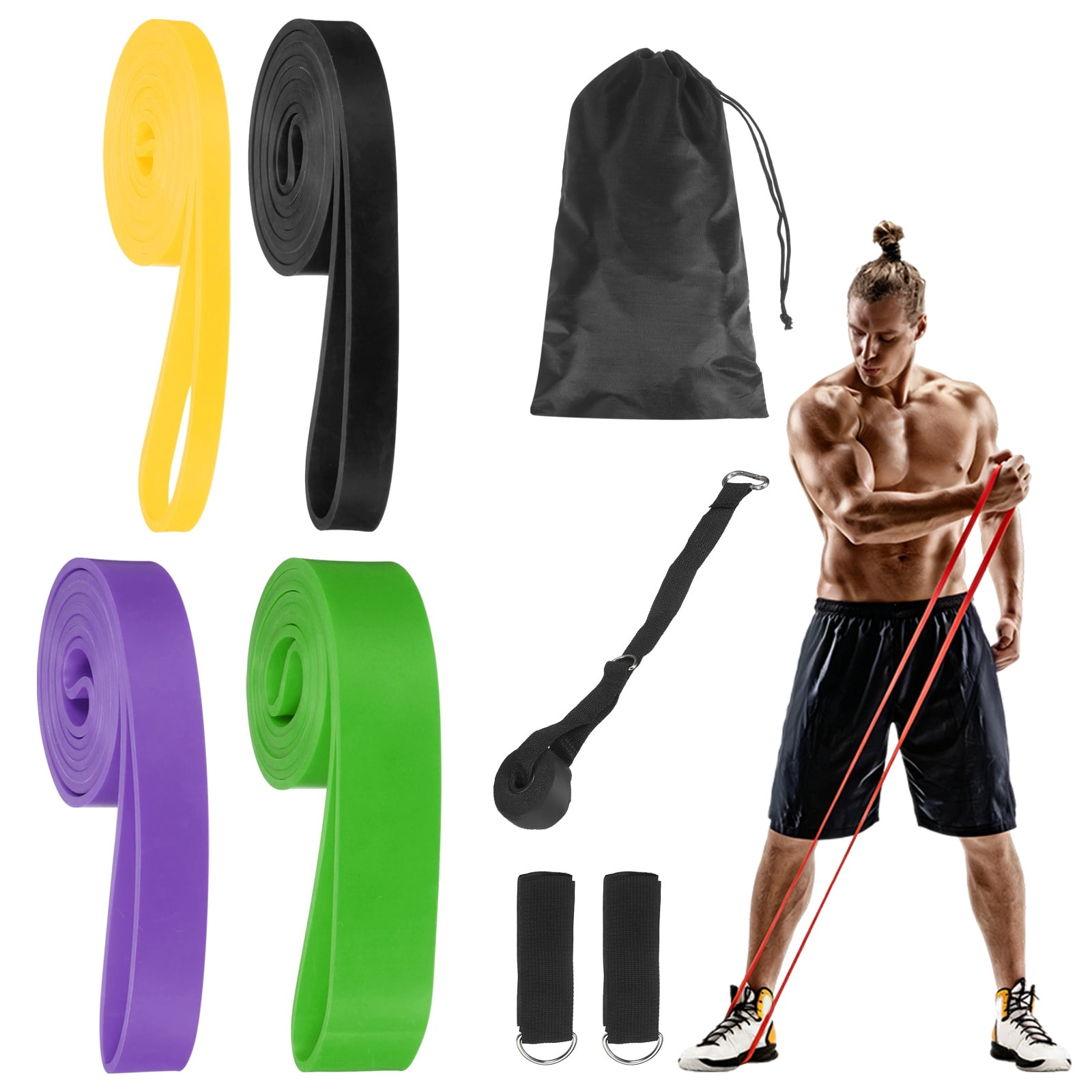 Uxcell Resistance Bands for Working Out, 4 Levels Pull Up Assistance Bands Set with Carry Bag 4 Pcs & Yellow/Black/Purple/Green