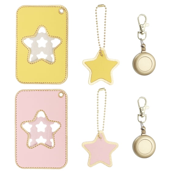 Uxcell Retractable Badge Holders, 2 Pcs Cute Leather ID Holder with Badge Reels Keychain ID Card Clip Protector Cover for Women Work Office Business Trip, Pink/Yellow