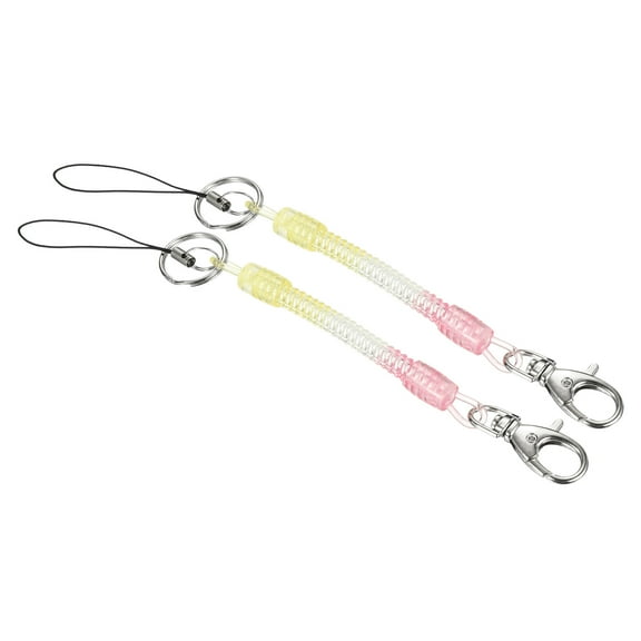 Uxcell Retractable Coil Spring Keychain Clasp with Key Ring 145mm, 2 Pack Plastic Spiral Stretchy Cord, Yellow Pink