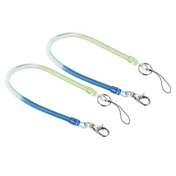 Uxcell Retractable Coil Spring Keychain Clasp with Key Ring 360mm, 2 Pack Plastic Spiral Stretchy Cord, Blue Green
