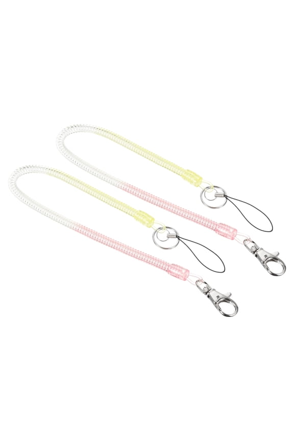 Retractable Coil Spring Keychain Clasp with Key Ring 360mm, 2 Pack Plastic Spiral Stretchy Cord, Yellow Pink
