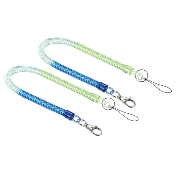 Uxcell Retractable Coil Spring Keychain Clasp with Key Ring 380mm, 2 Pack Plastic Spiral Stretchy Cord, Blue Green