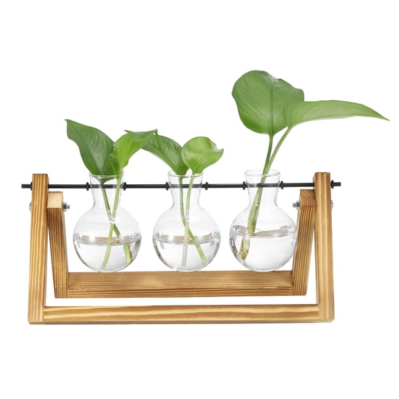 Uxcell Retro Desktop Plant Terrarium 11.8x5.7inch, Metal Swivel Holder  with Wooden Tray 3 Bulb Flower Vase