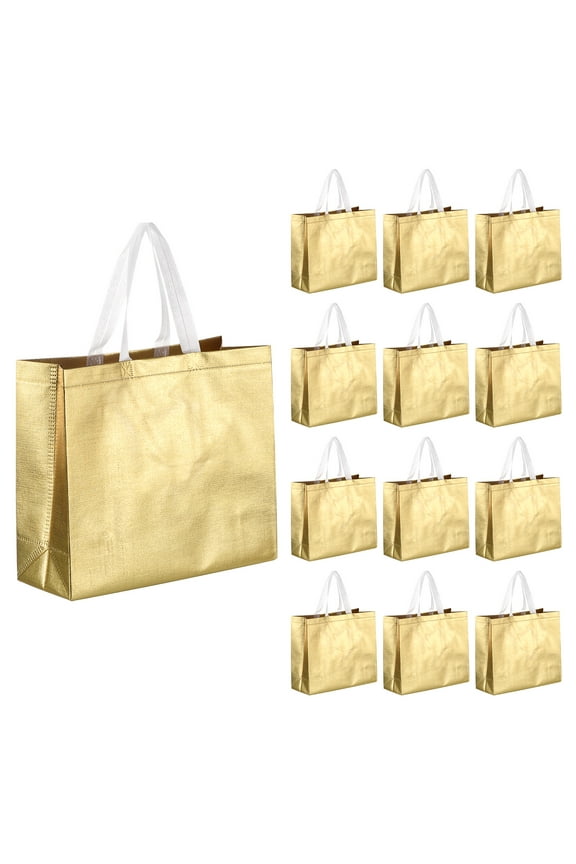 Reusable Gift Bags, Gold Tone Tote Glossy Grocery Shopping Bag with Handles for Wedding, Pack of 60
