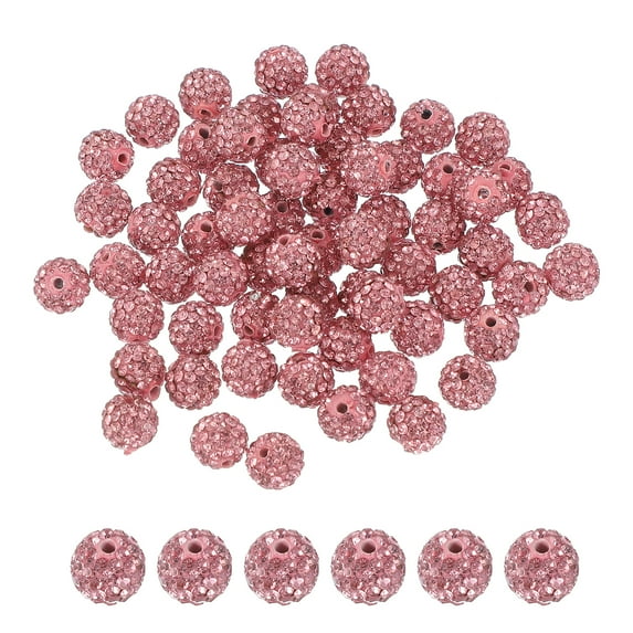 Rhinestone Beads for Jewelry Making, Shiny Round Disco Ball Beads Dark Pink 50 Pcs
