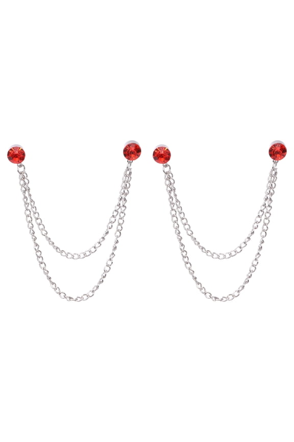 Rhinestone Chain Brooch Pins, 2 Pcs Round Crystal Tassel Chain Hanging Fashion Crystal Lapel Suit Pins for Women Men Clothes Dress Bouquet Coat Hat Bag, Silver Tone (Red)