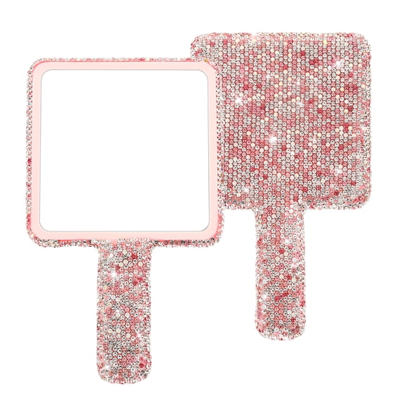 Uxcell Rhinestone Hand Mirror, Bling Handheld Mirrors with Handle, ABS Makeup Mirror for Women Travel, Wedding, Daily Use (Pink, Square)