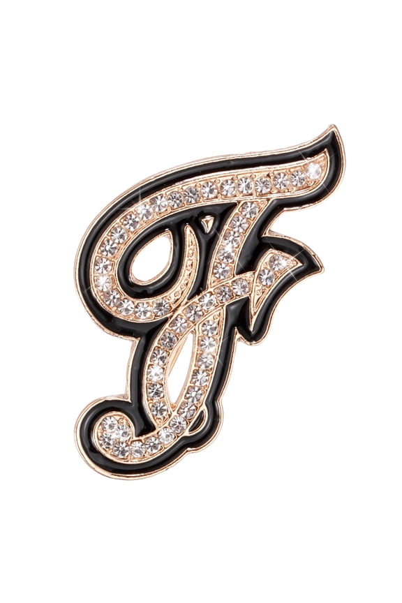 Rhinestone Letter Brooch Pins, Initial Letter F Broaches Metal Crystal Alphabet A-Z Lapel Pin Black Edge for Women Jewelry Gift Suit Clothes Hat Dress Coat Craft, Gold Tone